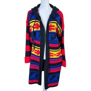 VTG 70s Colorful Long Knit Acrylic Sweater Southwest Aztec Retro Sz L Hood Boho